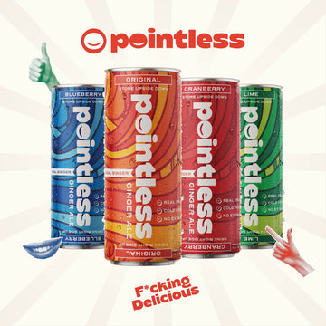 Four cans of Pointless Ginger ale with a pointing finger