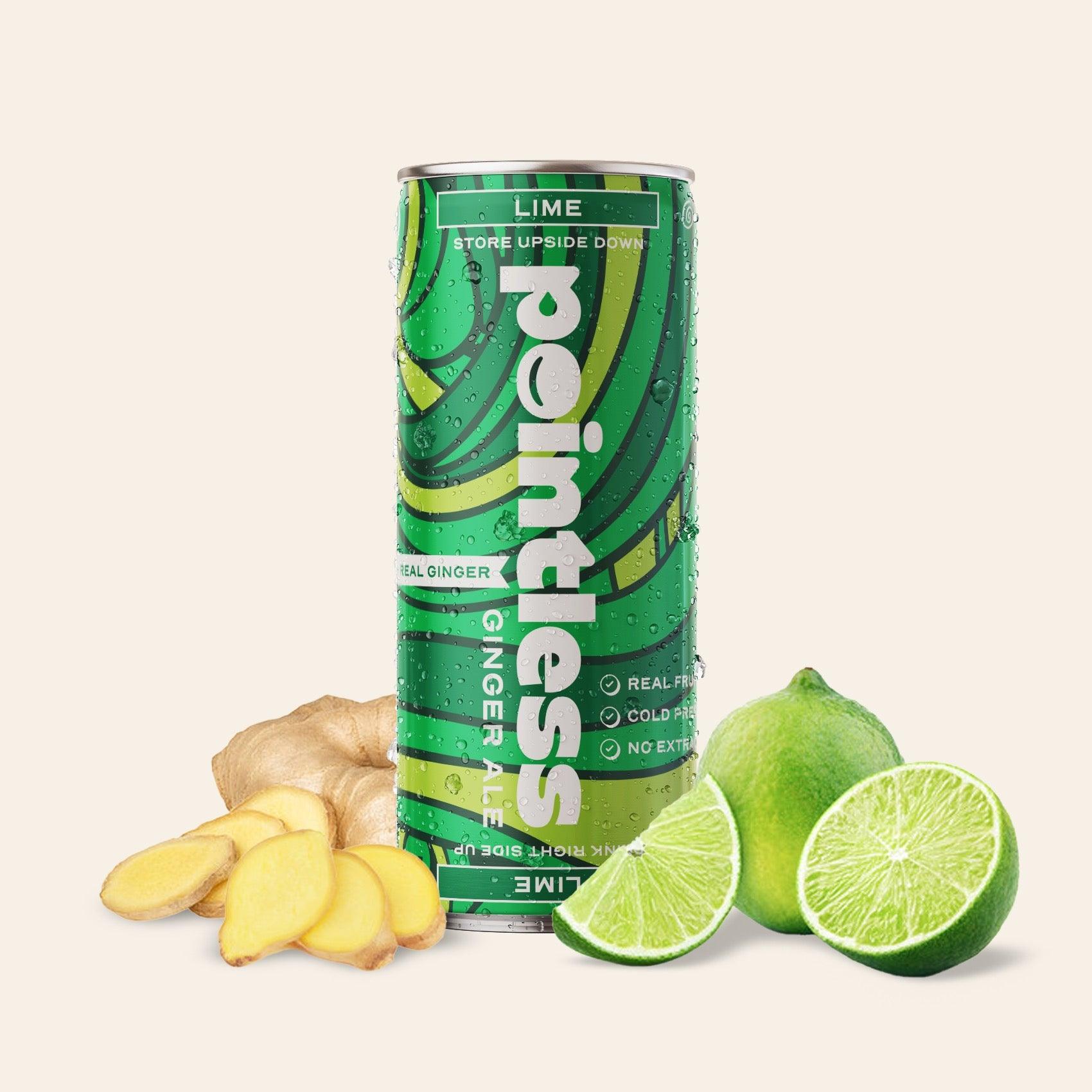 a can of lime ginger ale drink next to sliced limes and ginger